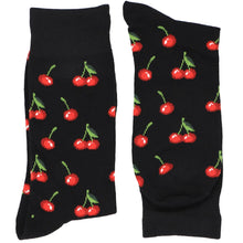 Load image into Gallery viewer, A pair of black socks with a cherry repeated pattern