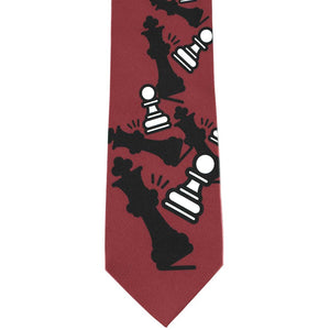 Front view of a men's chess themed novelty tie in burgundy