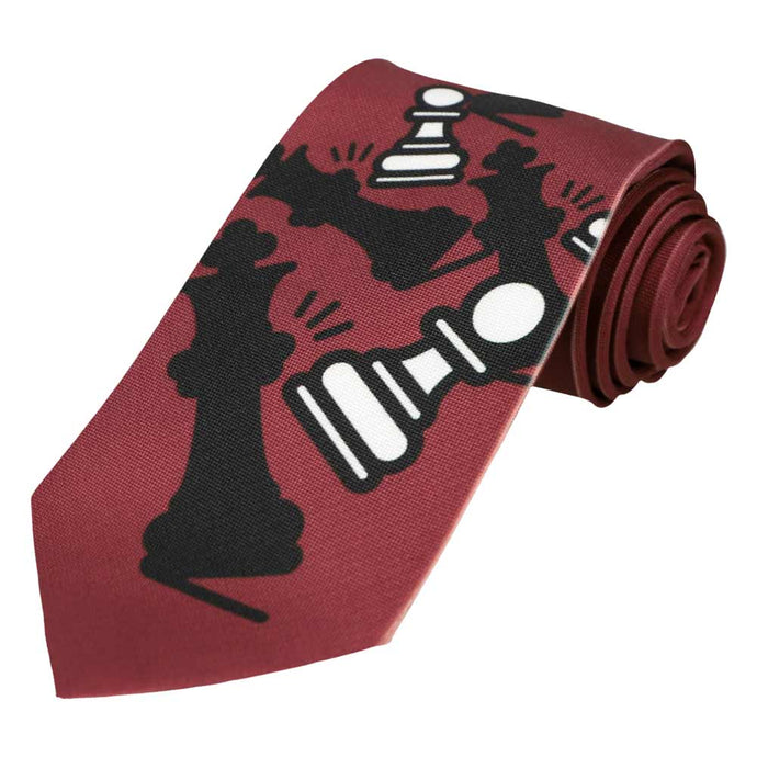 Chess piece design on a men's burgundy necktie