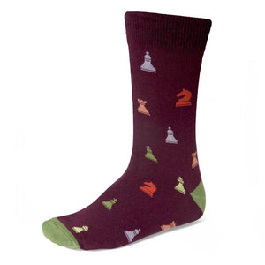 Maroon chess socks with colorful chess pieces