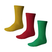 Load image into Gallery viewer, Boys&#39; gold, red and green crew socks in a 3-pack