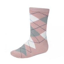 Load image into Gallery viewer, Boys&#39; blush pink argyle socks with gray and white details