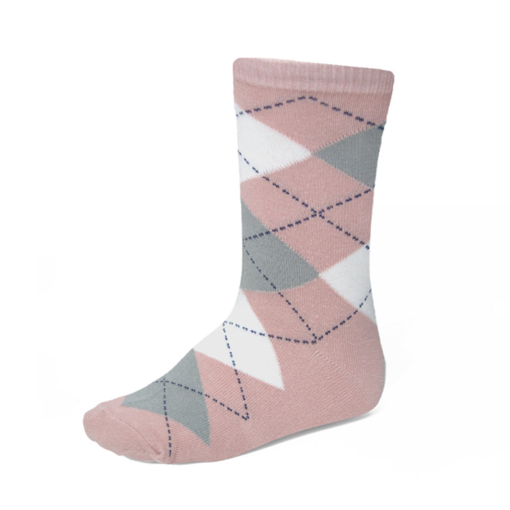 Boys' blush pink argyle socks with gray and white details