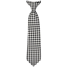 Load image into Gallery viewer, Full front view of a boys black and white houndstooth clip-on tie