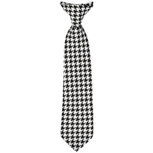 Full front view of a boys black and white houndstooth clip-on tie