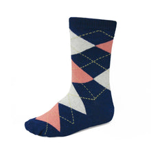 Load image into Gallery viewer, Boys&#39; navy blue and coral argyle socks