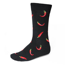 Load image into Gallery viewer, Men&#39;s red chili pepper theme dress socks on a black background
