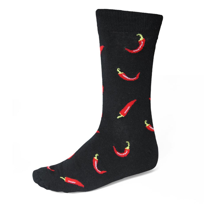 Men's red chili pepper theme dress socks on a black background