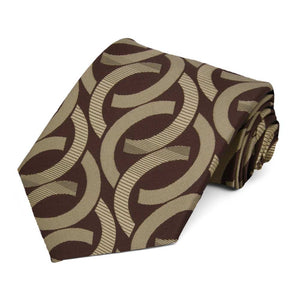 Brown and beige link pattern extra long necktie, rolled to show texture and pattern