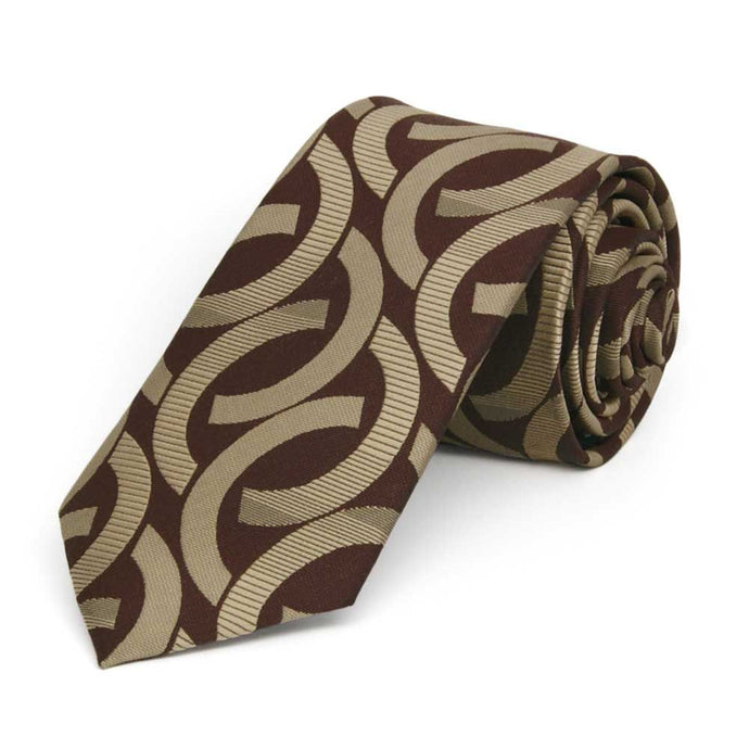 Brown and beige link pattern slim necktie, rolled to show texture
