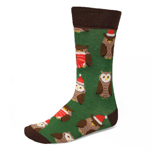 Men's green and brown socks with Christmas decorated owls