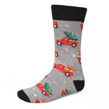 Load image into Gallery viewer, Men&#39;s gray socks red Christmas pickup trucks carrying trees
