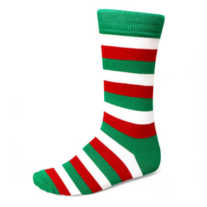 A striped sock in a green, white and red color combination