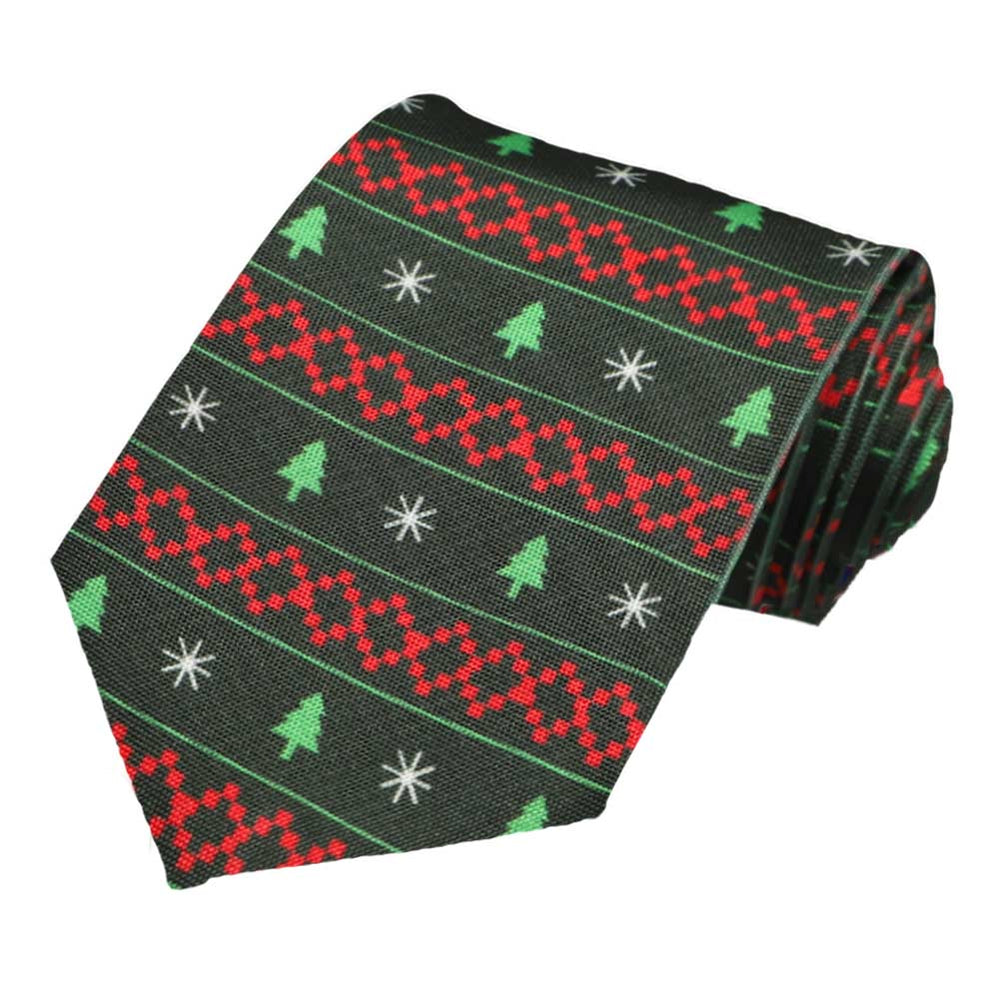 A men's red and green Christmas novelty tie designed to look like a fair isle sweater