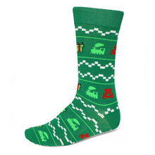 Load image into Gallery viewer, Men&#39;s holiday sweater pattern dress sock on a  green background