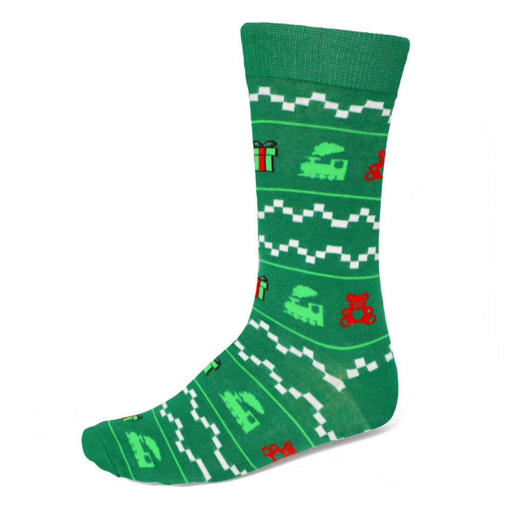 Men's holiday sweater pattern dress sock on a  green background