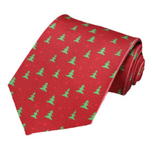 Load image into Gallery viewer, Small Christmas trees on a darker red novelty extra long tie