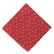 Load image into Gallery viewer, A red pocket square with small scattered Christmas trees, folded into a diamond