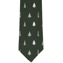 Load image into Gallery viewer, Trendy white christmas trees on a dark green tie, flat view