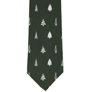 Trendy white christmas trees on a dark green tie, flat view