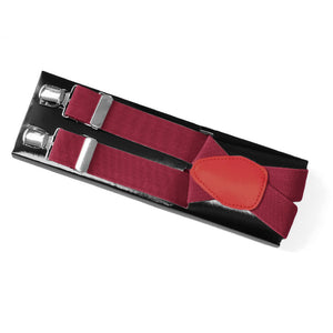 Men's claret red suspenders in a box