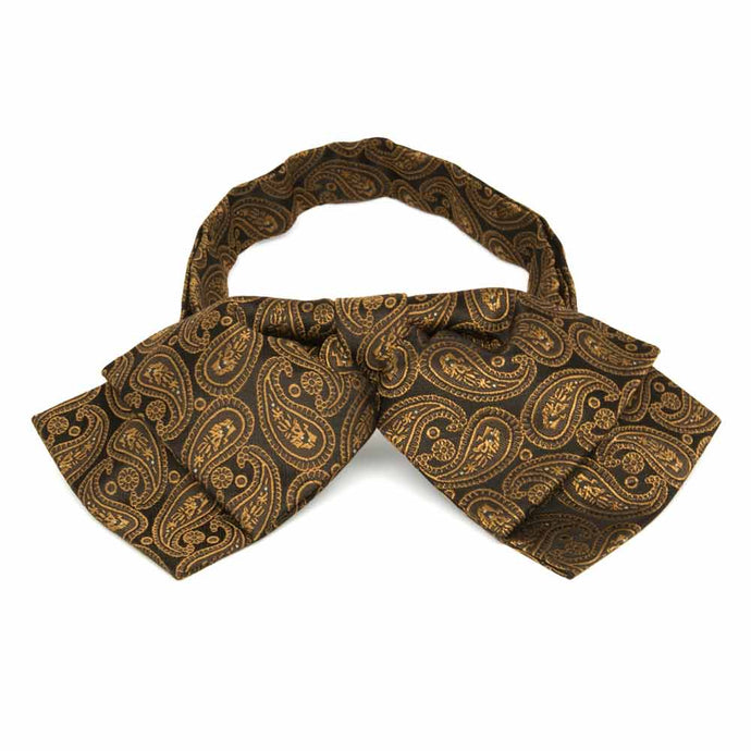 Dark brown and antique gold paisley floppy bow tie, front view