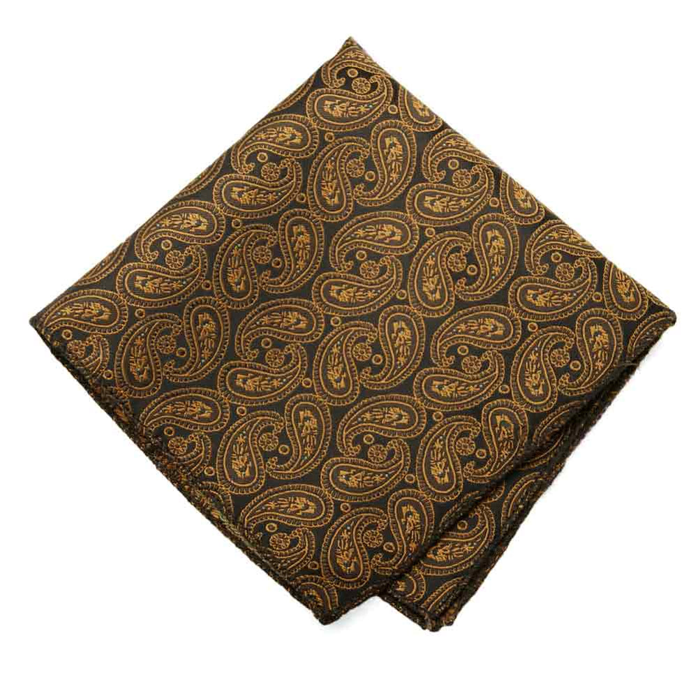 Dark brown and antique gold paisley pocket square, flat front view