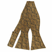 Load image into Gallery viewer, Dark brown and antique gold paisley self-tie bow tie, untied flat front view