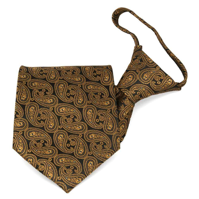 Dark brown and antique gold paisley zipper tie, folded front view