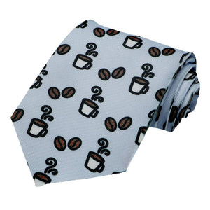 A coffee cup and coffee bean design on a light blue tie.