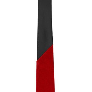 Black satin collar on a red velvet necktie