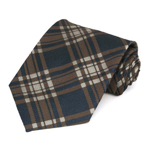 A large print brown and navy blue plaid necktie rolled to show off the texture