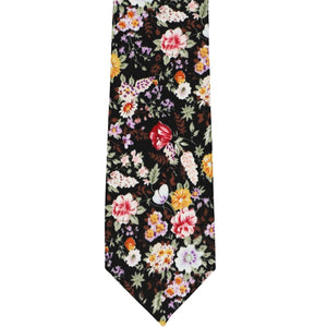 The front of a black, brown and subdued wildflower tie, laid flat
