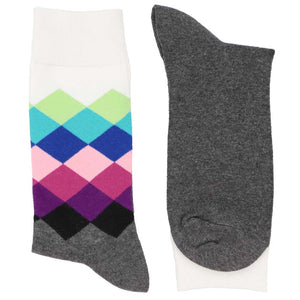 Colorful pair of men's socks with a cascading diamond pattern