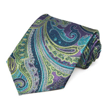 Load image into Gallery viewer, Rolled view of a purple, lime green and turquoise paisley extra long tie