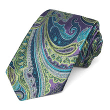 Load image into Gallery viewer, Rolled view of a decadent purple, lime green and turquoise paisley tie 
