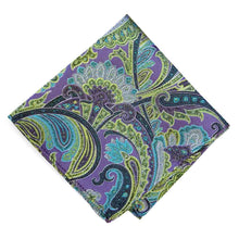 Load image into Gallery viewer, A folded purple blue and green paisley pocket square