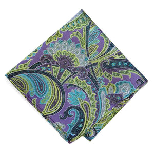 A folded purple blue and green paisley pocket square