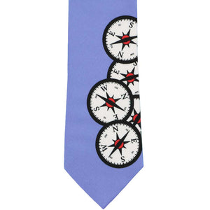 Cornflower blue necktie with compasses printed on it.