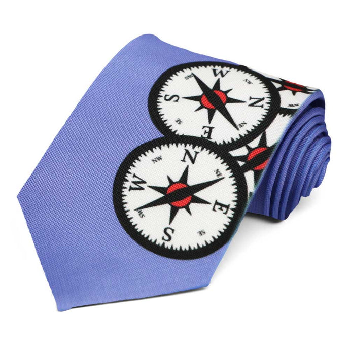 Compass pattern necktie on a cornflower blue background.