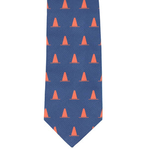 Construction cones on a blue necktie, front view