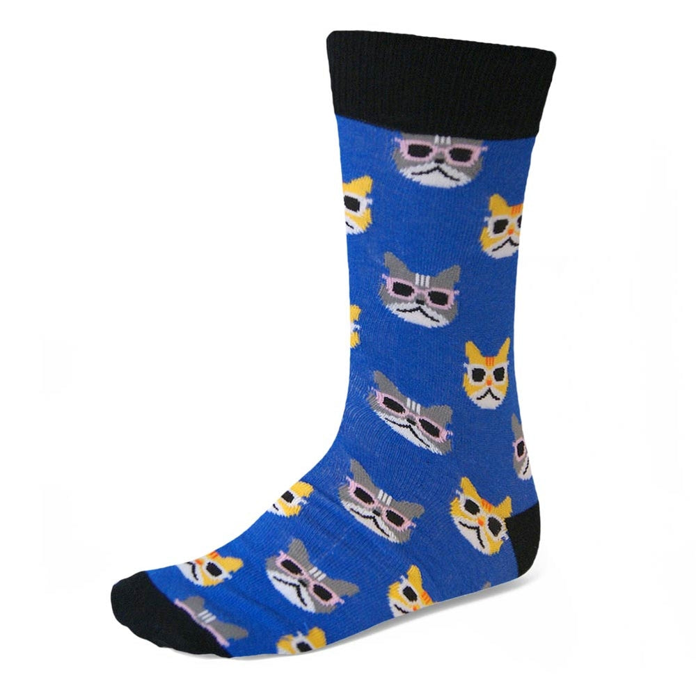 Men's blue socks with a cat wearing sunglasses pattern