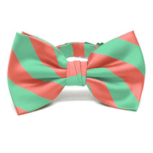 Load image into Gallery viewer, Bright Coral and Bright Mint Striped Bow Tie