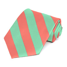 Load image into Gallery viewer, Bright Coral and Bright Mint Striped Tie