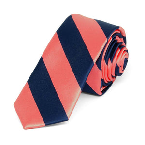 Bright Coral and Navy Blue Striped Skinny Tie, 2" Width