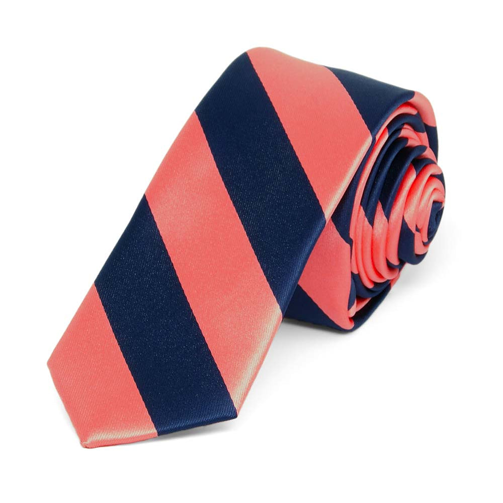 Bright Coral and Navy Blue Striped Skinny Tie, 2