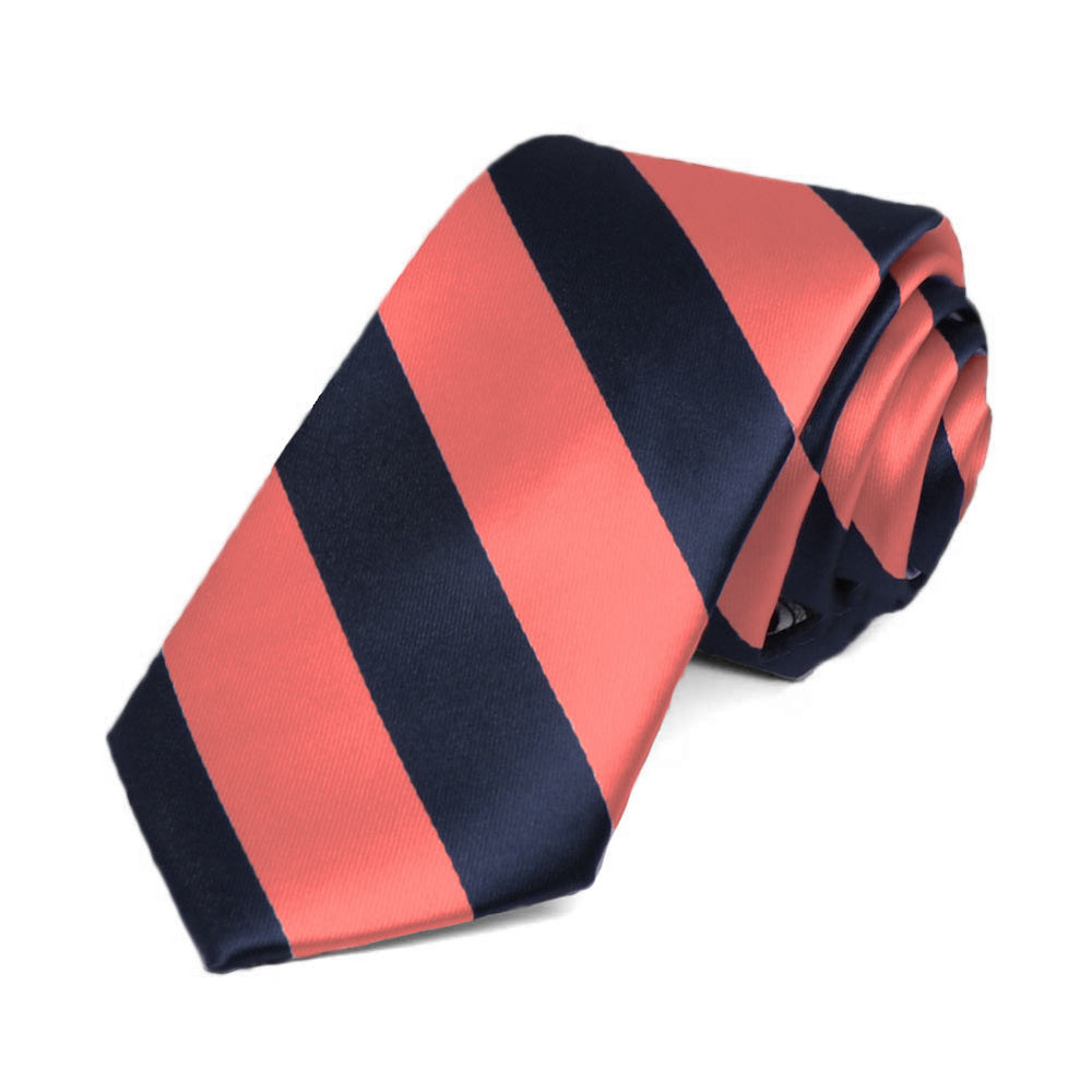 Bright Coral and Navy Blue Striped Slim Tie, 2.5