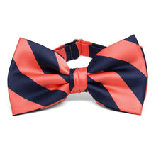 Load image into Gallery viewer, Bright Coral and Navy Blue Striped Bow Tie