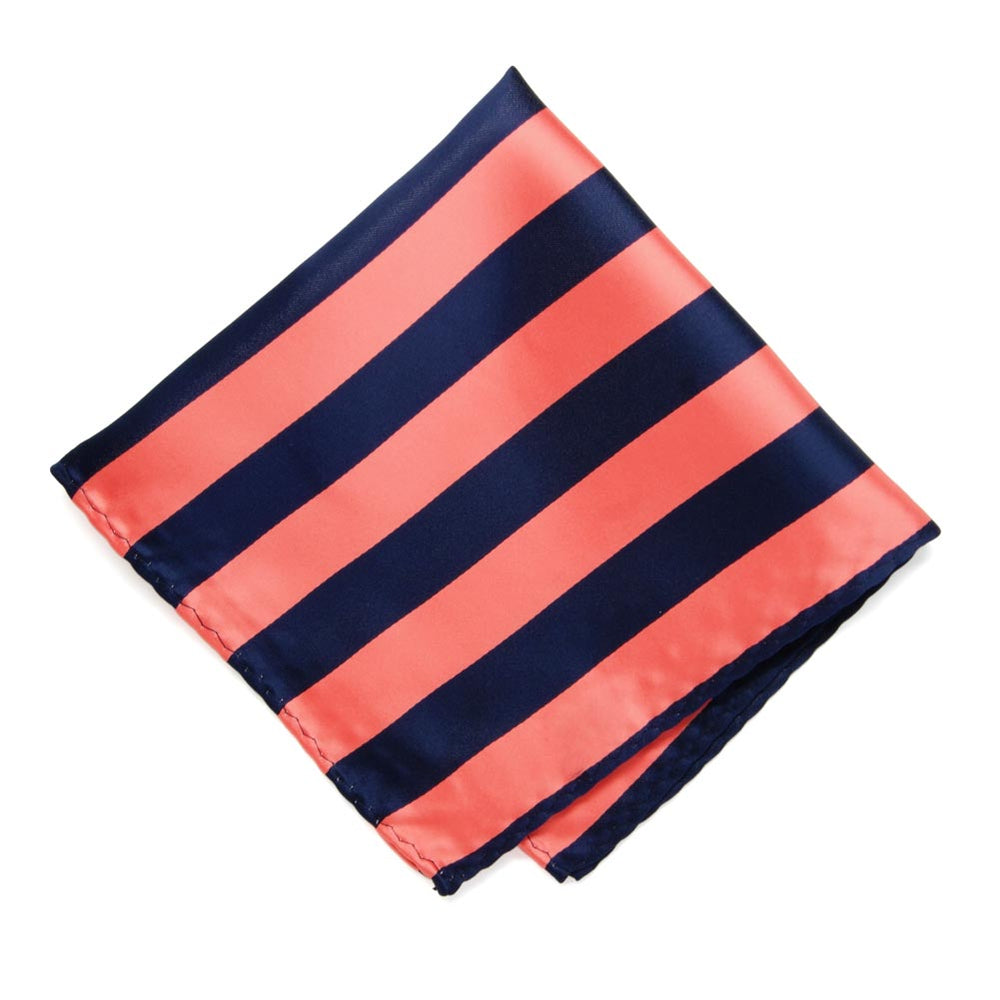 Bright Coral and Navy Blue Striped Pocket Square