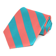 Load image into Gallery viewer, Bright Coral and Turquoise Striped Tie